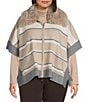Investments Plus Size Removeable Faux Fur Collar Two-Way Zip Front Stripe Sweater Poncho, Color:Coca Mocha Stripe - Image 1