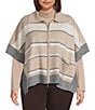 Investments Plus Size Removeable Faux Fur Collar Two-Way Zip Front Stripe Sweater Poncho, Color:Coca Mocha Stripe - Image 2