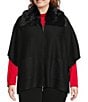 Investments Plus Size Removeable Faux Fur Collar Two-Way Zip Front Sweater Poncho, Color:Black - Image 1