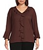 Color:Bitter Chocolate - Image 1 - Plus Size Riley Woven Cascading Ruffle V-Neck 3/4 Sleeve Top