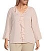 Color:Crystal Rose - Image 1 - Plus Size Riley Woven Cascading Ruffled V-Neck 3/4 Sleeve Top