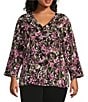Color:Floral Sprigs - Image 1 - Plus Size Riley Woven Floral Sprigs Cascading Ruffled V-Neck 3/4 Sleeve Top