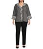 Color:Shadow Check - Image 3 - Plus Size Riley Woven Shadow Check Cascading Ruffled V-Neck 3/4 Sleeve Top