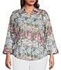 Color:Wild Floral - Image 1 - Plus Size Taylor Gold Label Non-Iron Wild Floral 3/4 Sleeve Point Collar Y-Neck Button Front Shirt