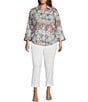 Color:Wild Floral - Image 3 - Plus Size Taylor Gold Label Non-Iron Wild Floral 3/4 Sleeve Point Collar Y-Neck Button Front Shirt