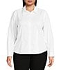 Investments Plus Size White Woven Long Sleeve Point Collar Button Front Top, Color:White - Image 1