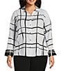 Investments Plus Size Woven Blocked Plaid 3/4 Sleeve Point Collar Button Front Split Cuff Top, Color:Blocked Plaid - Image 1