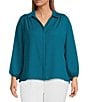 Color:Deep Lagoon - Image 1 - Plus Size Woven Point Collar 3/4 Sleeve Button Front Top