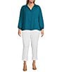 Color:Deep Lagoon - Image 3 - Plus Size Woven Point Collar 3/4 Sleeve Button Front Top