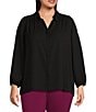 Color:Black - Image 1 - Plus Size Woven Point Collar 3/4 Sleeve Button Front Top