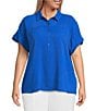Investments Plus Size Woven Short Sleeve Point Collar Partial Button Front Top, Color:Blue Lolite - Image 1