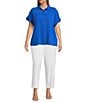 Investments Plus Size Woven Short Sleeve Point Collar Partial Button Front Top, Color:Blue Lolite - Image 3