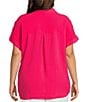 Investments Plus Size Woven Short Sleeve Point Collar Partial Button Front Top, Color:Virtual Pink - Image 2