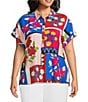 Investments Plus Size Woven Stamp Patch Short Sleeve Point Collar Partial Button Front Top, Color:Stamp Patch - Image 1