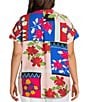 Investments Plus Size Woven Stamp Patch Short Sleeve Point Collar Partial Button Front Top, Color:Stamp Patch - Image 2