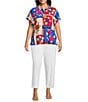 Investments Plus Size Woven Stamp Patch Short Sleeve Point Collar Partial Button Front Top, Color:Stamp Patch - Image 3