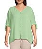 Color:Patina Green - Image 1 - Plus Size Woven V-Neck Tie 3/4 Sleeve Faux Button Top