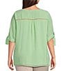 Color:Patina Green - Image 2 - Plus Size Woven V-Neck Tie 3/4 Sleeve Faux Button Top