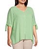 Color:Patina Green - Image 3 - Plus Size Woven V-Neck Tie 3/4 Sleeve Faux Button Top