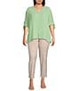 Color:Patina Green - Image 4 - Plus Size Woven V-Neck Tie 3/4 Sleeve Faux Button Top