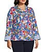 Investments Plus Size Woven Whimsy Floral Stripe 3/4 Sleeve Point Collar Button Front Split Cuff Top, Color:Whimsy Floral Stripe - Image 3
