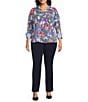Investments Plus Size Woven Whimsy Floral Stripe 3/4 Sleeve Point Collar Button Front Split Cuff Top, Color:Whimsy Floral Stripe - Image 5