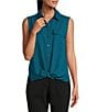 Color:Deep Lagoon - Image 1 - Point Collar Sleeveless Button Tie Front Top