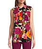 Color:Expressive Floral - Image 1 - Point Collar Sleeveless Floral Button Tie Front Top