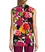 Color:Expressive Floral - Image 2 - Point Collar Sleeveless Floral Button Tie Front Top