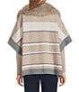 Investments Removeable Faux Fur Collar Two-Way Zip Front Stripe Sweater Poncho, Color:Coca Mocha Stripe - Image 2