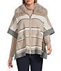 Investments Removeable Faux Fur Collar Two-Way Zip Front Stripe Sweater Poncho, Color:Coca Mocha Stripe - Image 1