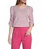 Investments Striped Print 3/4 Ruched Sleeve Crew Neck Top - Image 1