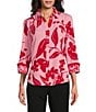 Investments Woven Bold Tropical Palm 3/4 Sleeve Point Collar Button Front Split Cuff Top, Color:Bold Palm - Image 1