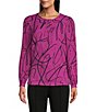 Color:Purple Painted Ribbon - Image 1 - Woven Painted Ribbon Pleated Long Sleeve Jewel Neck Covered Half Button Placket Top