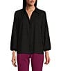 Color:Black - Image 1 - Woven Point Collar 3/4 Sleeve Button Front Top