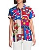 Investments Woven Stamp Patch Short Sleeve Point Collar Partial Button Front Top, Color:Stamp Patch - Image 1