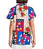 Investments Woven Stamp Patch Short Sleeve Point Collar Partial Button Front Top, Color:Stamp Patch - Image 2