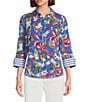 Investments Woven Whimsy Floral Stripe 3/4 Sleeve Point Collar Button Front Split Cuff Top, Color:Whimsy Floral Stripe - Image 1