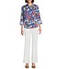 Investments Woven Whimsy Floral Stripe 3/4 Sleeve Point Collar Button Front Split Cuff Top, Color:Whimsy Floral Stripe - Image 3