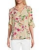 Color:Yellow Floral Harmony - Image 1 - Woven Yellow Floral Harmony Print V-Neck 3/4 Tie Sleeve Top