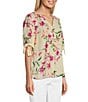 Color:Yellow Floral Harmony - Image 3 - Woven Yellow Floral Harmony Print V-Neck 3/4 Tie Sleeve Top