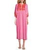 J.Marie Carlie Split V-Neck 3/4 Sleeve Embroidered Caftan Midi Dress, Color:Pink - Image 1