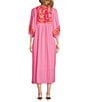 J.Marie Carlie Split V-Neck 3/4 Sleeve Embroidered Caftan Midi Dress, Color:Pink - Image 2
