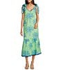 J.Marie Isla Topical Palm Print Ric Rac Scalloped Trim V-Neck Sleeveless Tie A-Line Midi Dress, Color:Green - Image 1