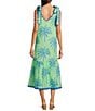 J.Marie Isla Topical Palm Print Ric Rac Scalloped Trim V-Neck Sleeveless Tie A-Line Midi Dress, Color:Green - Image 2
