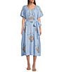 J.Marie Astrid V-Neck Puff Sleeve Embroidered Tie Midi A-Line Dress, Color:Blue - Image 1