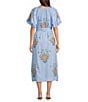 J.Marie Astrid V-Neck Puff Sleeve Embroidered Tie Midi A-Line Dress, Color:Blue - Image 2