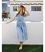 J.Marie Astrid V-Neck Puff Sleeve Embroidered Tie Midi A-Line Dress, Color:Blue - Image 5