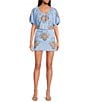 J.Marie Coordinating Astrid V-Neck Puff Sleeve Embroidered Top, Color:Blue - Image 3