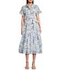 J.Marie Chloe Button Up Ruffle Sleeve Belted Tiered Midi A-Line Dress, Color:Blue - Image 1